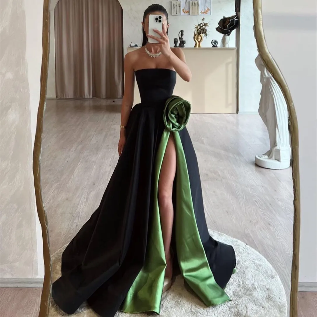 Classic Long Black Prom Dresses with Slit/Flower A-Line Strapless Pleated Wedding Guest Dress Watteau Train for Women