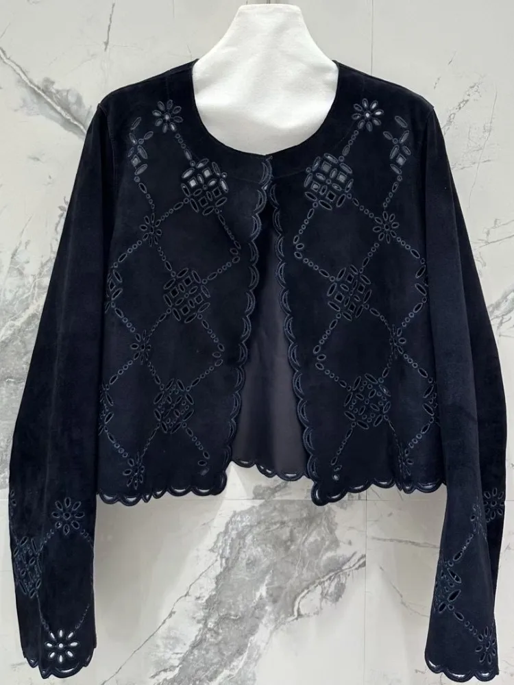 Cappotto corto autunno inverno ricamato femminile scavato Giacca vintage in vera pelle scamosciata slim fit colletto tondo moda donna elegante