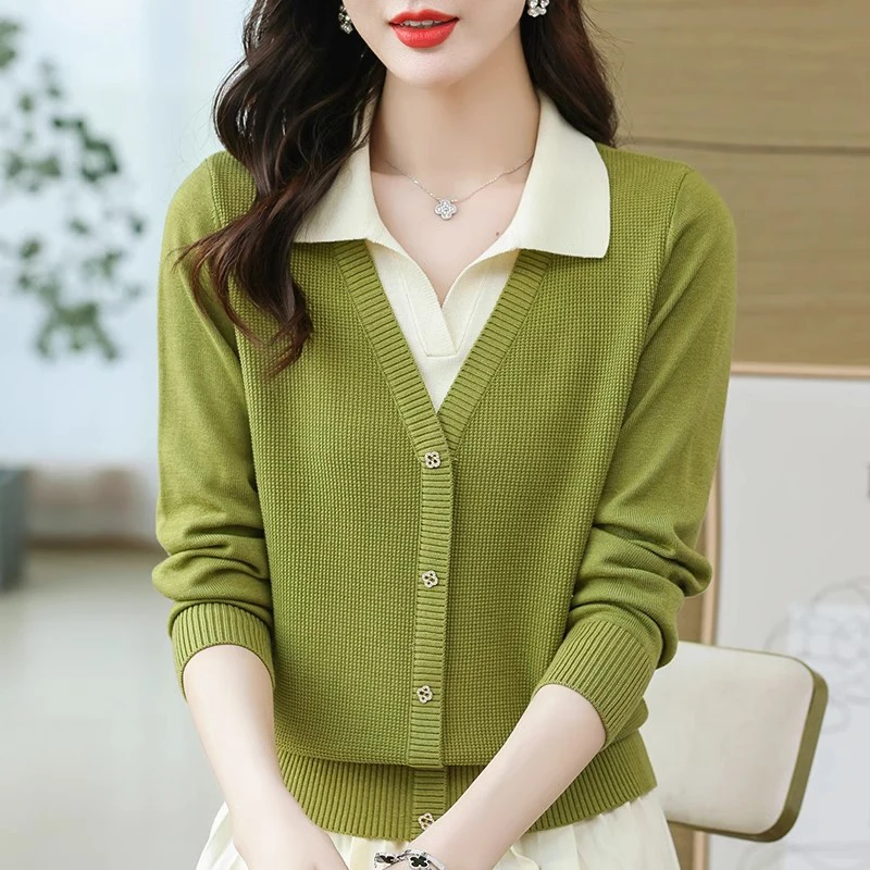 Lapel Collar Fake Two Piece Knit Sweaters Women Spring Autumn Long Sleeve Patchwork Pullover Tops Female Knitwear