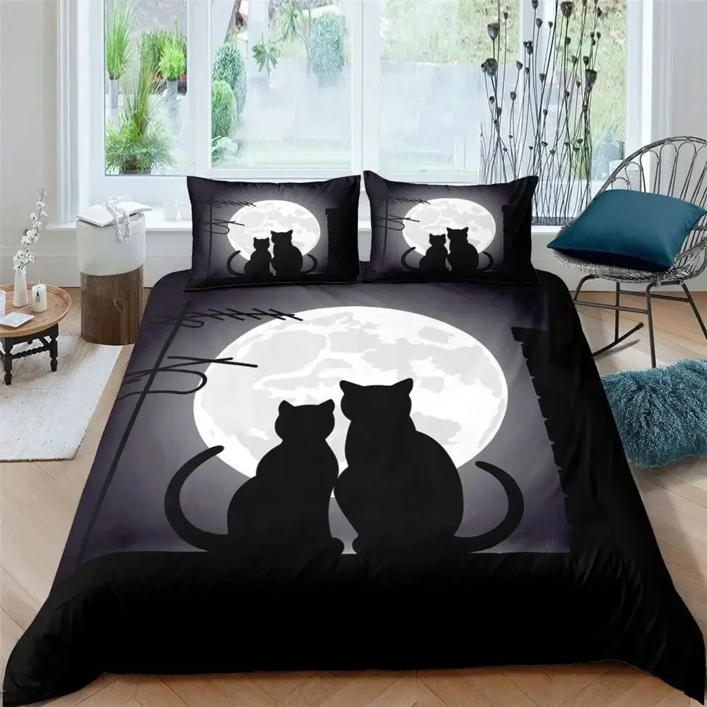 Wiccan Occult Black Cat Duvet Cover Set,Gothic Black Cat Bedding Sets Mysterious Sun and Moon Comforter Cover Queen Size