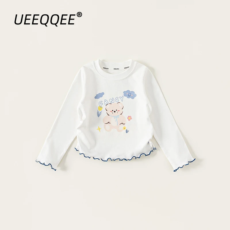 

Spring Autumn Children T-Shirts 1-10Y Girls Ruffled Cartoon Long Sleeve T Shirts Korean Tops Tees Toddler Wear For Kids Clothing