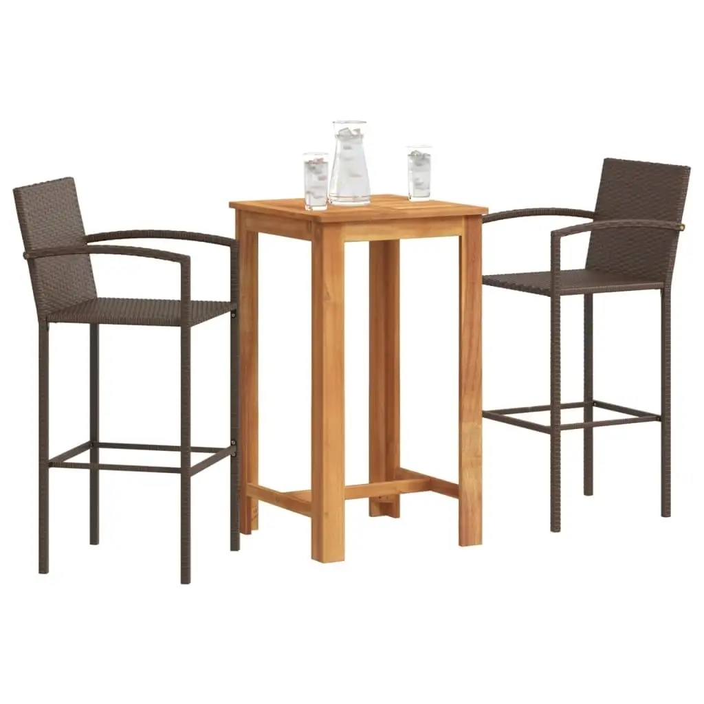 3-Piece Brown Patio Bar Set | Solid Acacia Wood & Durable Poly Rattan