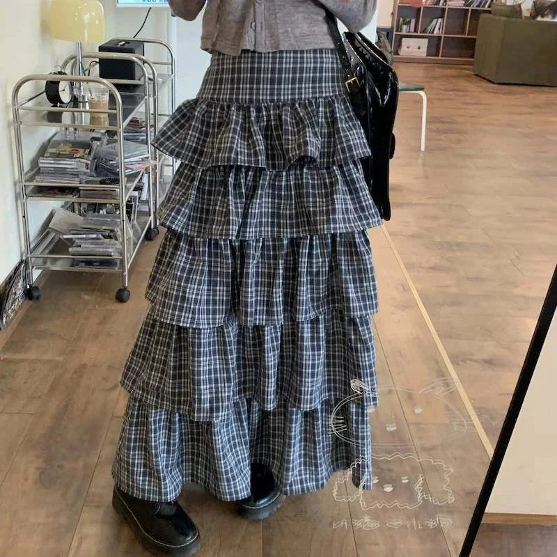 Vintage Plaid Midi Skirts Women New Casual Puffy High Waisted Tierred Ruffles Long Pleated Skirt Spring Summer All Match Bottom