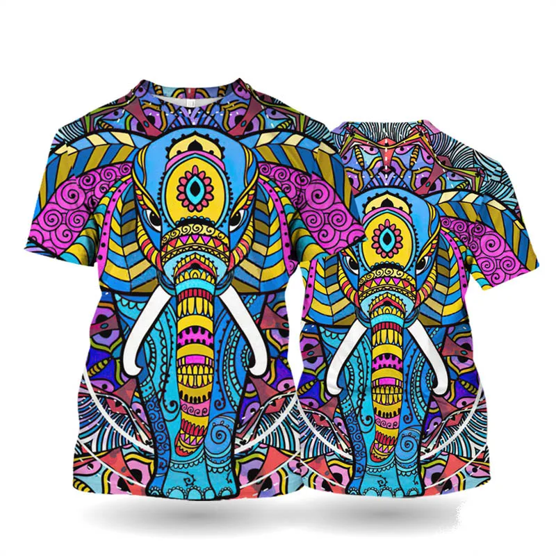 Fashion Art Abstract Elephants Printed Men's T Shirts Summer Short-Sleeved Round Neck Tops Leisure Street Oversized Outdoor Tees