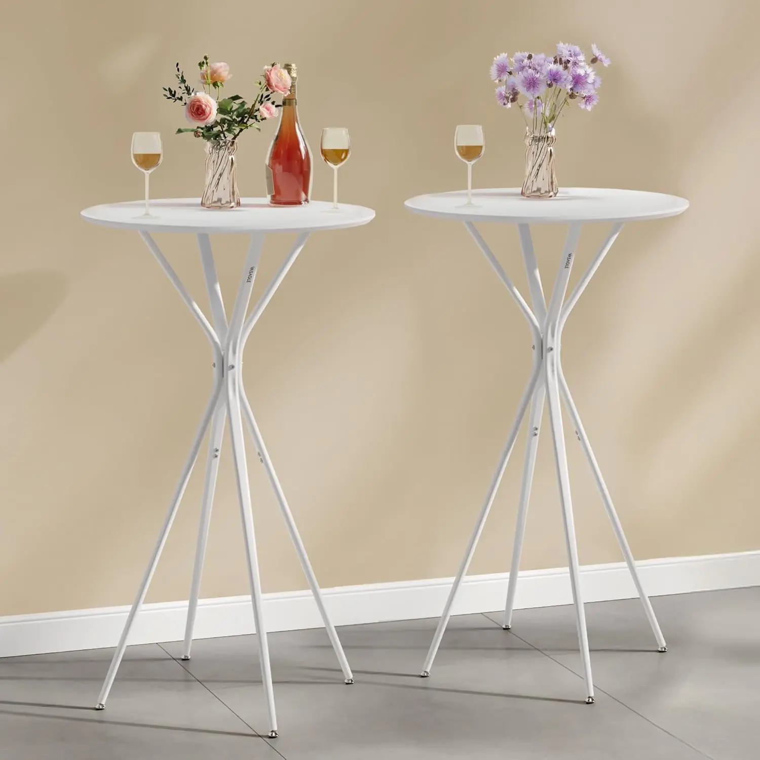 2-Pack Round Bar Tables, 41.3' High, White Metal Frame, Modern Kitchen & Home Bar, Easy Assembly