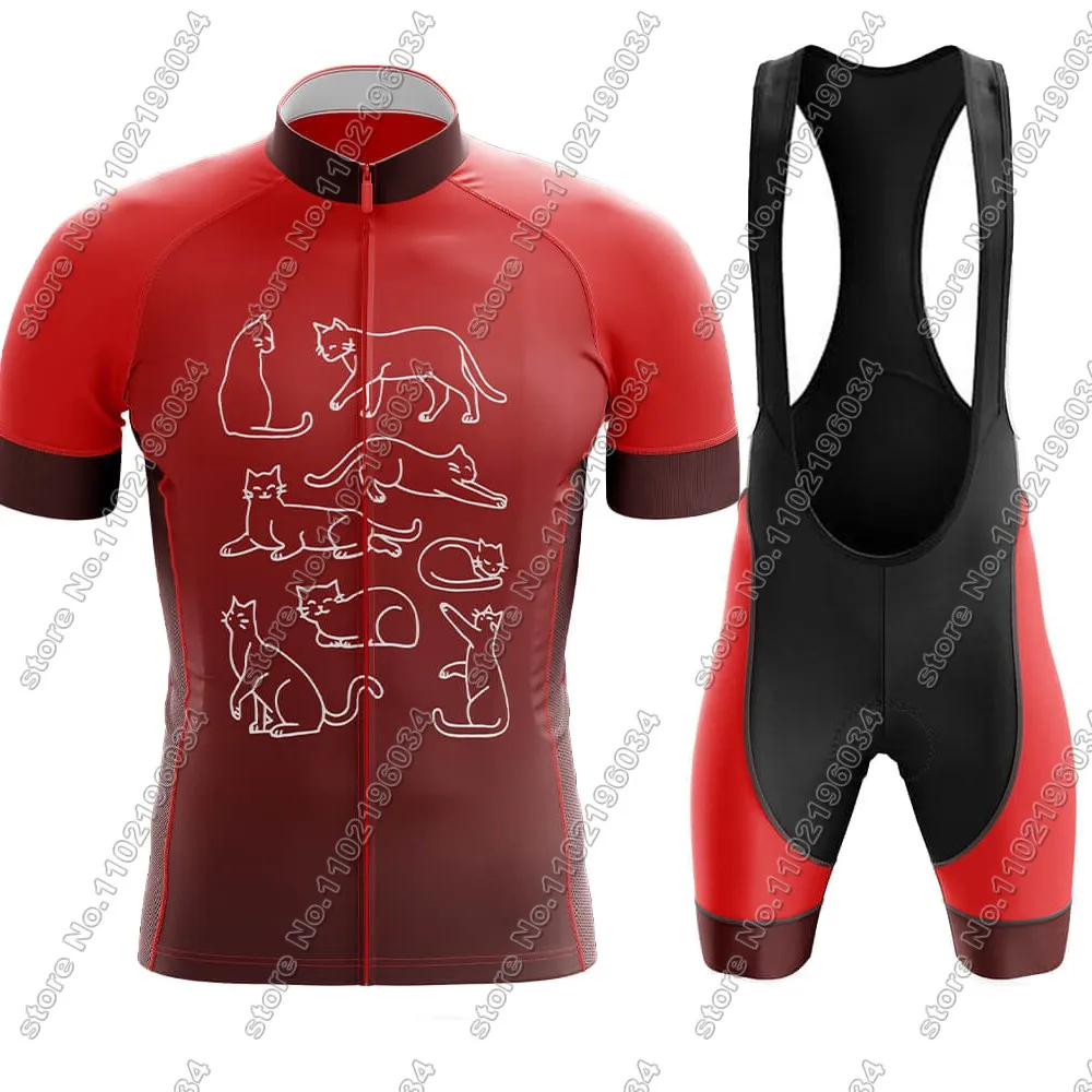 

Funny Cat 2024 cycling Jersey Set Cartoon Anime Clothing Men Red Road Bike Shirt Suit Bicycle Bib Shorts MTB Wear Ropa Maillot