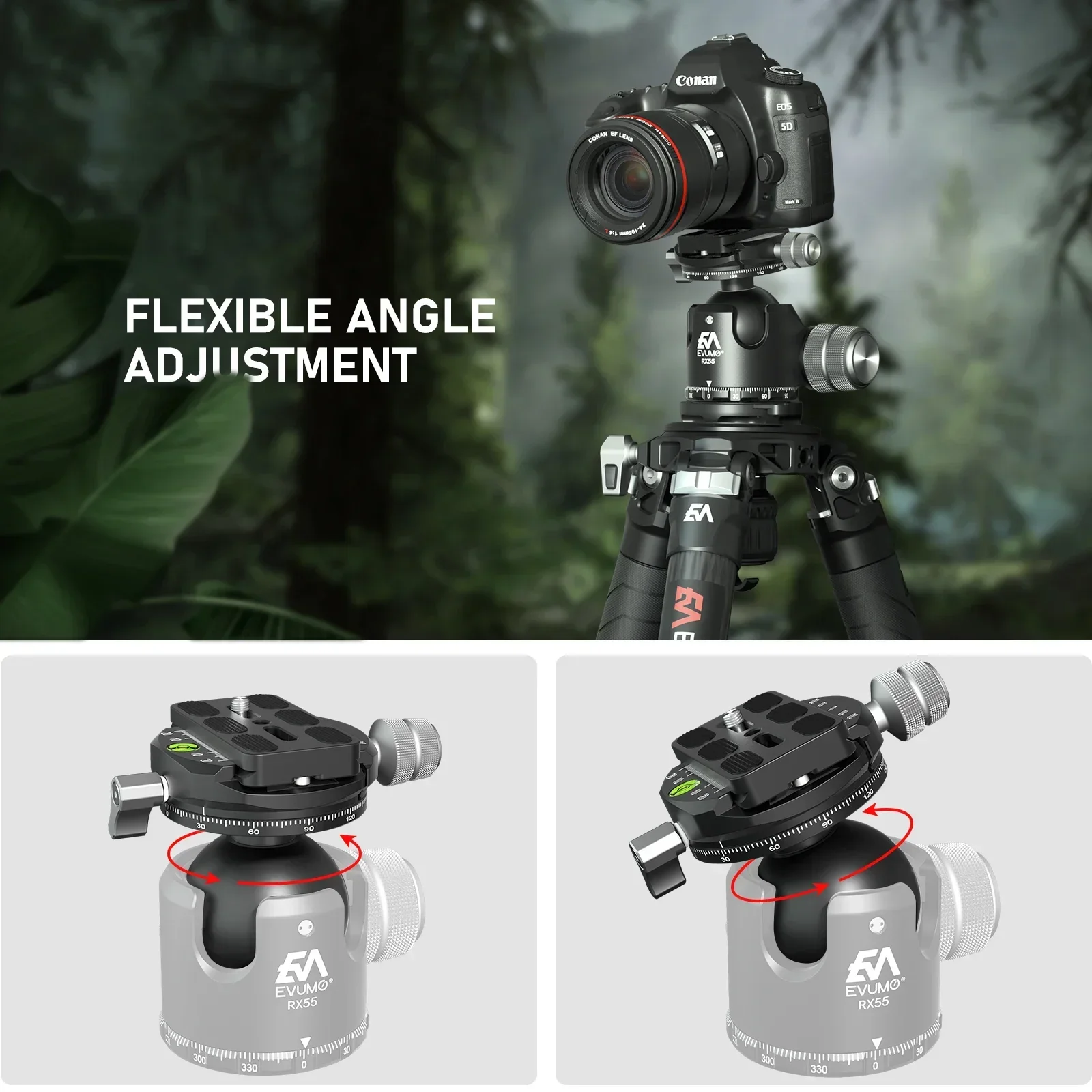 EVUMO RX55 55mm Ball Head Versatile Tripod Head Designed for Double Panorama Shots 40kg Load Capacity and Arca Swiss Q. R. Plate