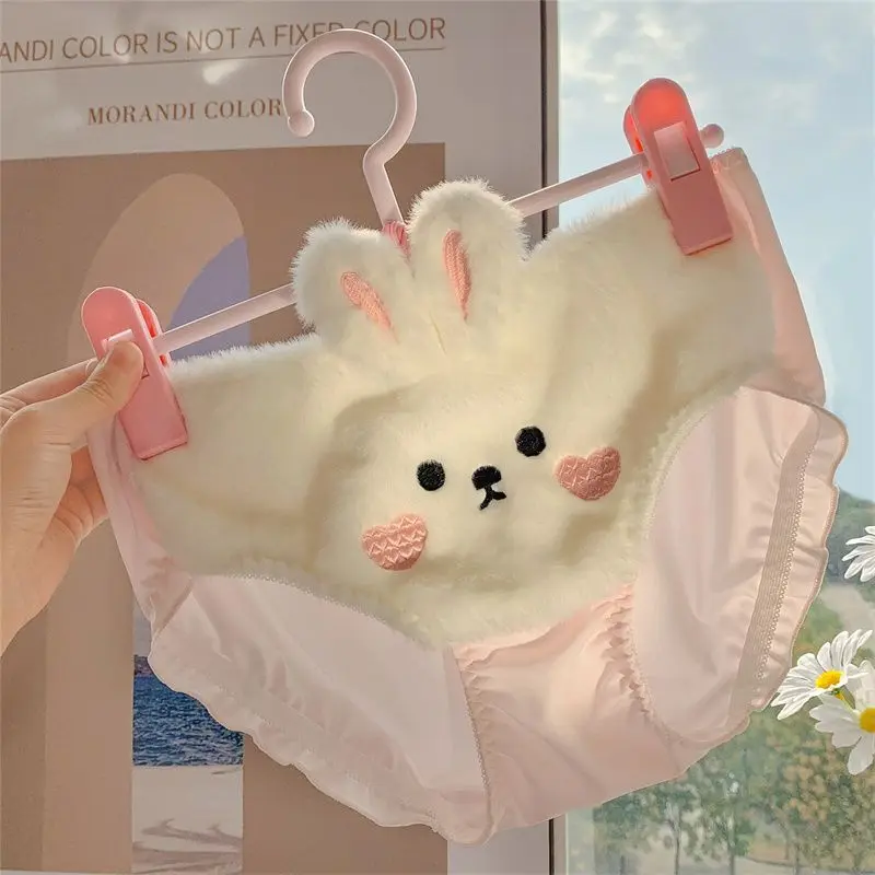 Cartoon Rabbit Cute Girls Panties Briefs Kwaii Bear Winter Furry Women's Cotton Crotch Underwear Pink Sweet Sleepwear Bottoms