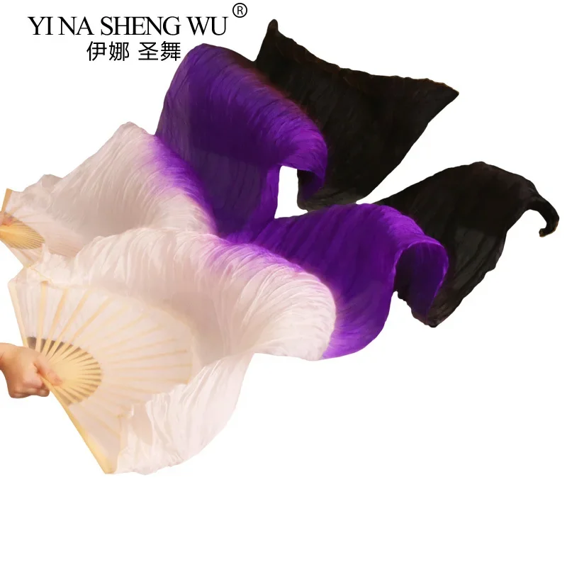 Customized 100% Real Silk Bamboo Ribs Dance Fans Belly Dancing Long Fans 1Pc Left+Right Hand White+Purple+Black Gradient Color