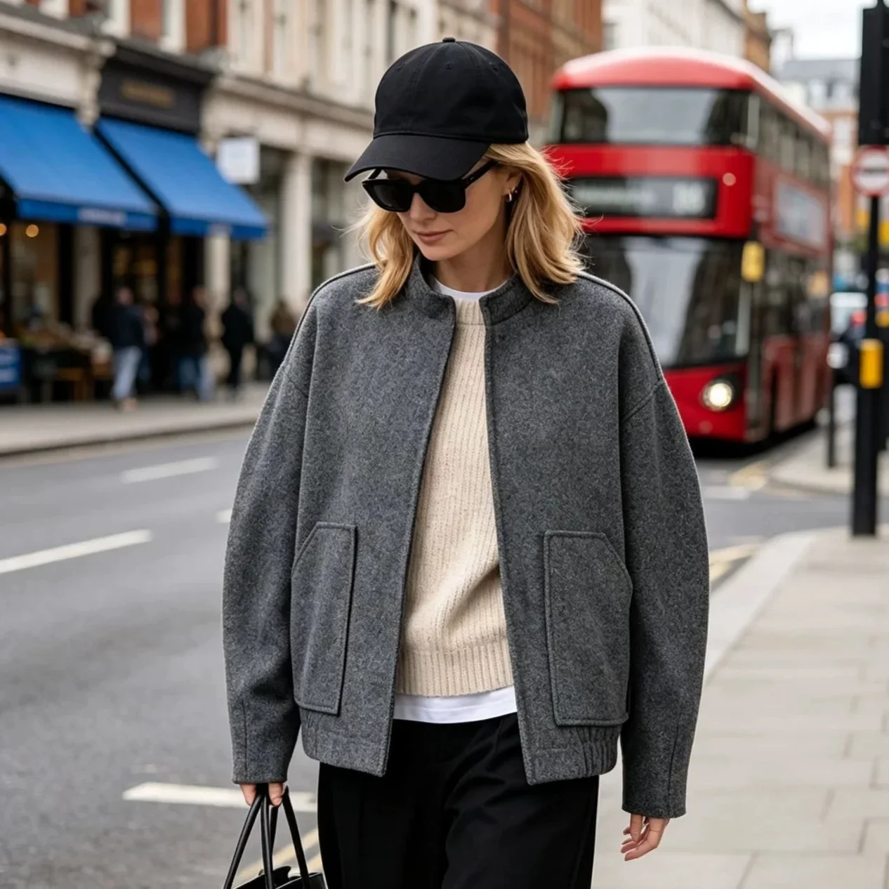 Idle gray stand-up collar woolen jacket women's high-end sense loose thick long-sleeved jacket