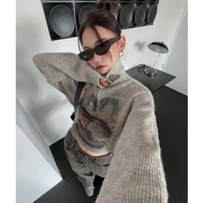 Gidyq Autumn Women Knitted Sweater American Retro Print Sexy Cropped Jumper Casual Streetwear Female Zipper Loose Pullover Tops