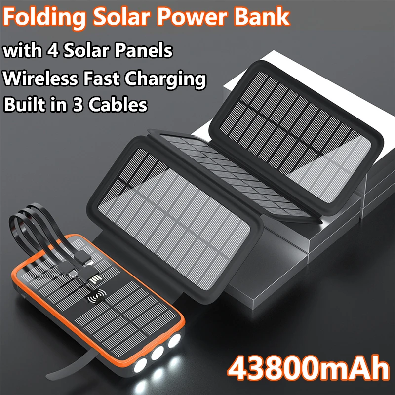 

43800mAh Wireless Solar Power Bank with 4 Solar Panel PD20W Fast Charger Powerbank for iPhone 17 Samsung Xiaomi External Battery