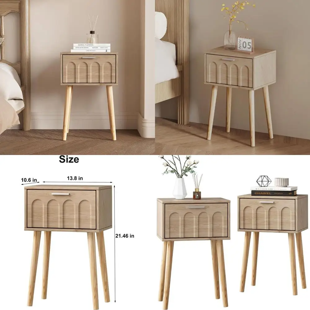 

Pair of Compact Mid-Century Nightstands with Arched Doors, Wooden Legs for Bedroom, Ideal for Small Spaces (Natural Finish)