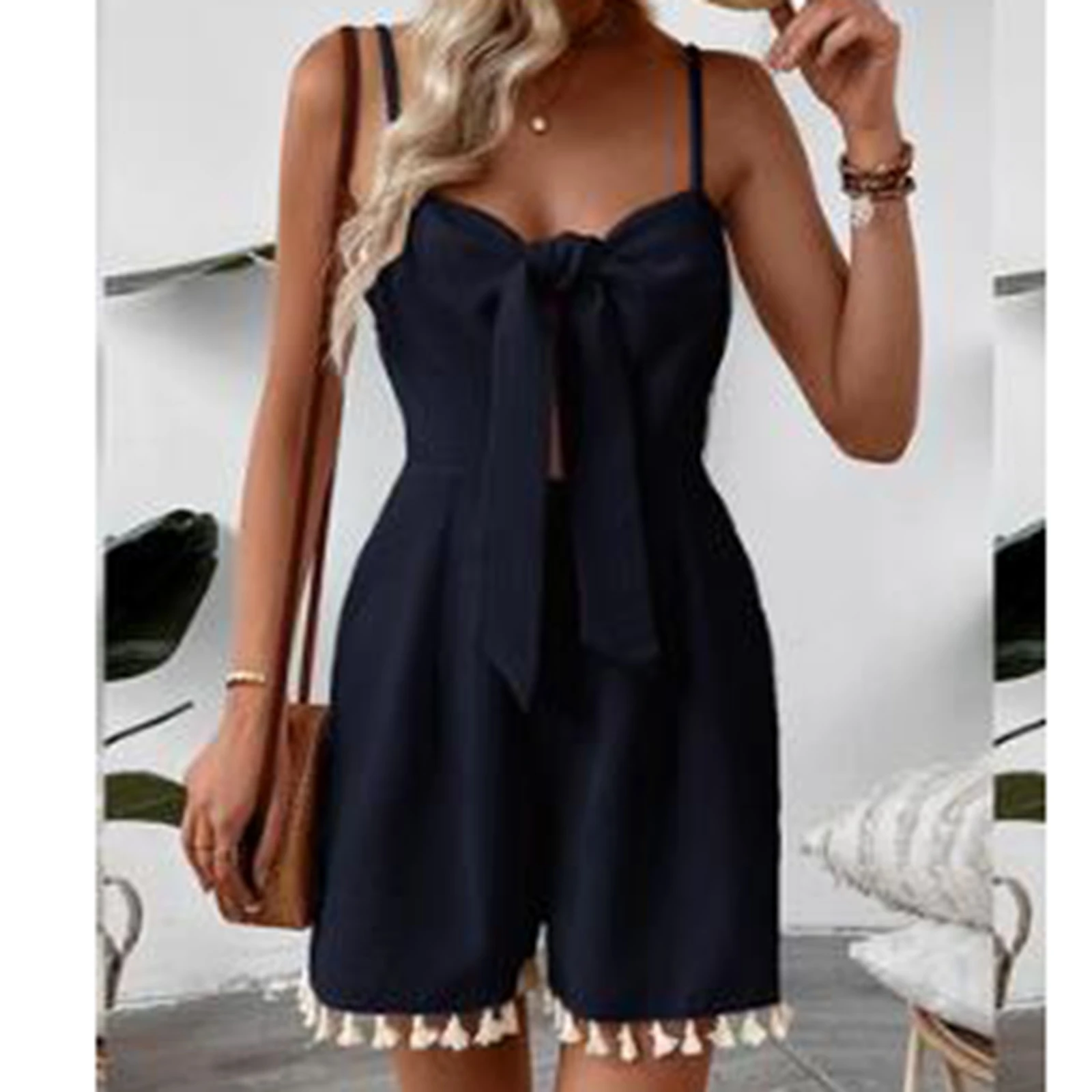 2025 Women's Summer Romper Lace-Up Sleeveless Tassel Spaghetti Strap Tie Knot Front Cut Out Jumpsuit Shorts Playsuit