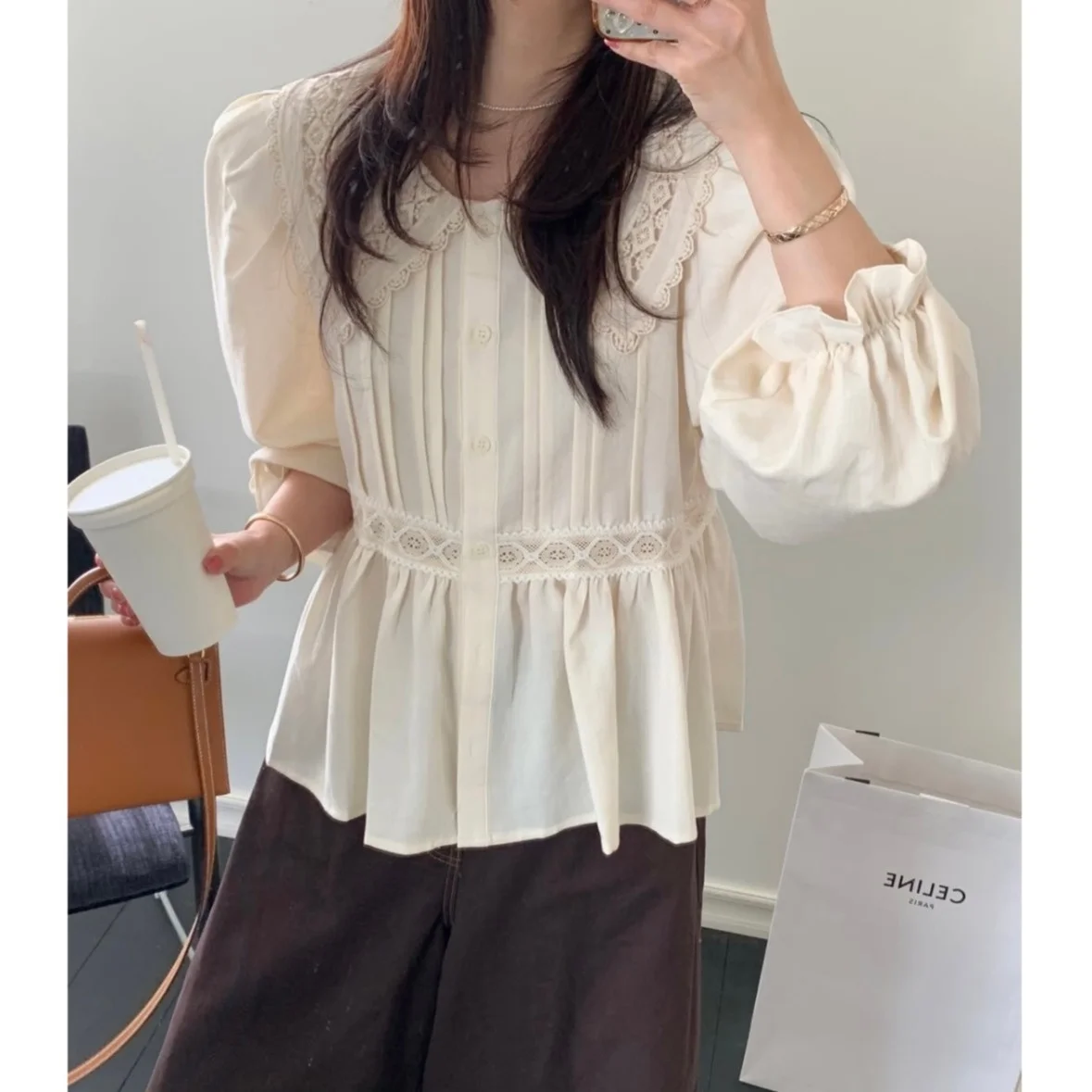 

Loose Women's irt Korean Sle Chic Autumn Winter New Version Versatile Sweet Youthful Ruffle Trimmed Top Breathable Thin F...