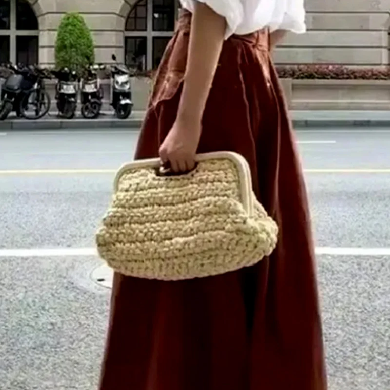 

New Straw Woven Purse For Women Cloud Dumpling Pouch Straw Crossbody Shoulder Handbag Summer Beach Bag