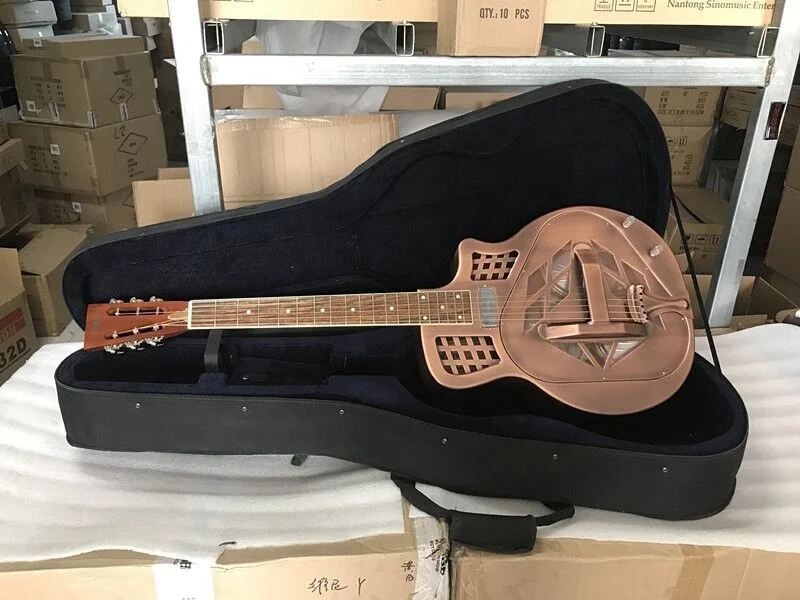 Custom Made Aiersi Brand Vintage Red Rust Finishing Resonator Guitar Cutaway Bell Brass Body Electric Resonator Guitar For Sale