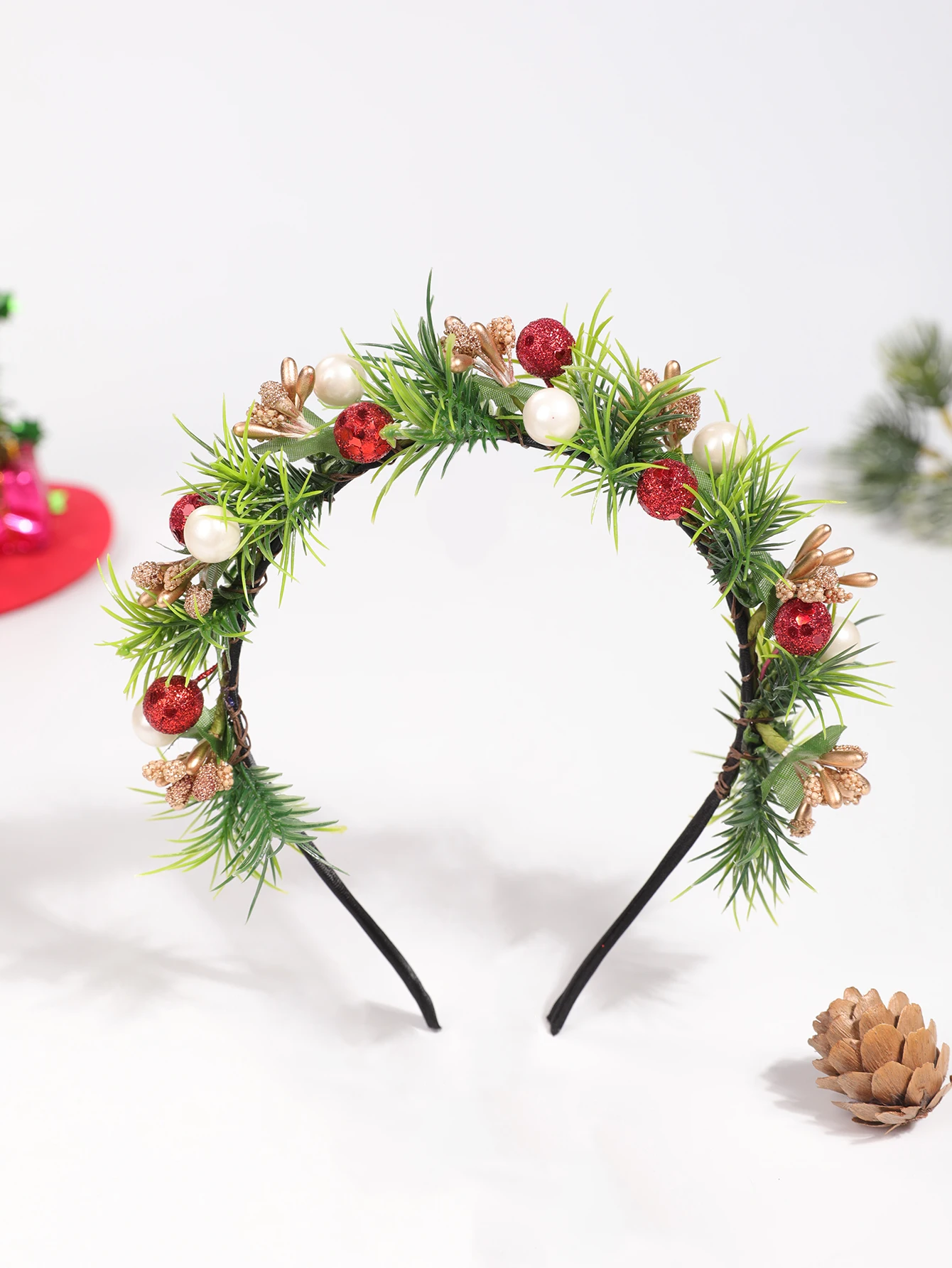 عصابة رأس لؤلؤية من فرع الصنوبر لعيد الميلاد، عصابة رأس مزخرفة رائعة للحفلات الاحتفالية، أغطية رأس لعيد الميلاد باللونين الأحمر والأخضر على طراز الغابة #5