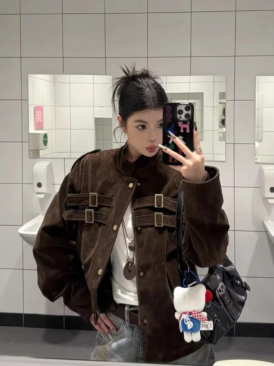 Vintage Stand Collar Suede Jacket For Women Coffee Color Loose Casual Zipper Coat Autumn Female Outerwear