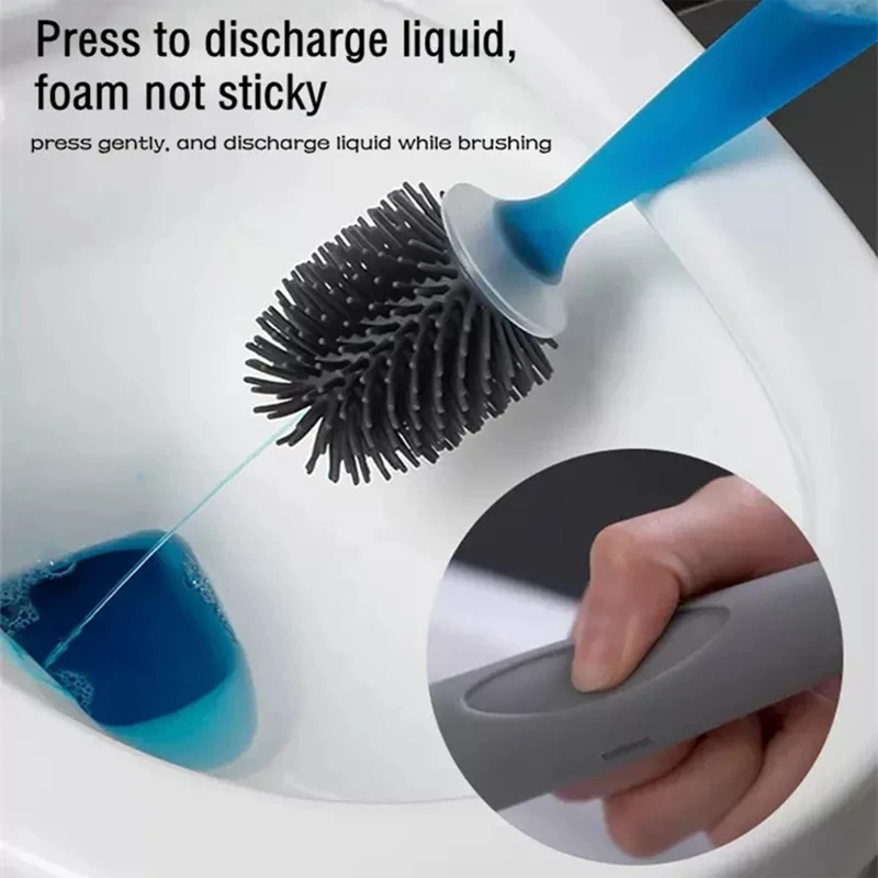 Wall-Mounted Silicone Toilet Brush Set Detergent Refillable Toilet Brush for Corner Cleaning Bathroom Accessories with Holder