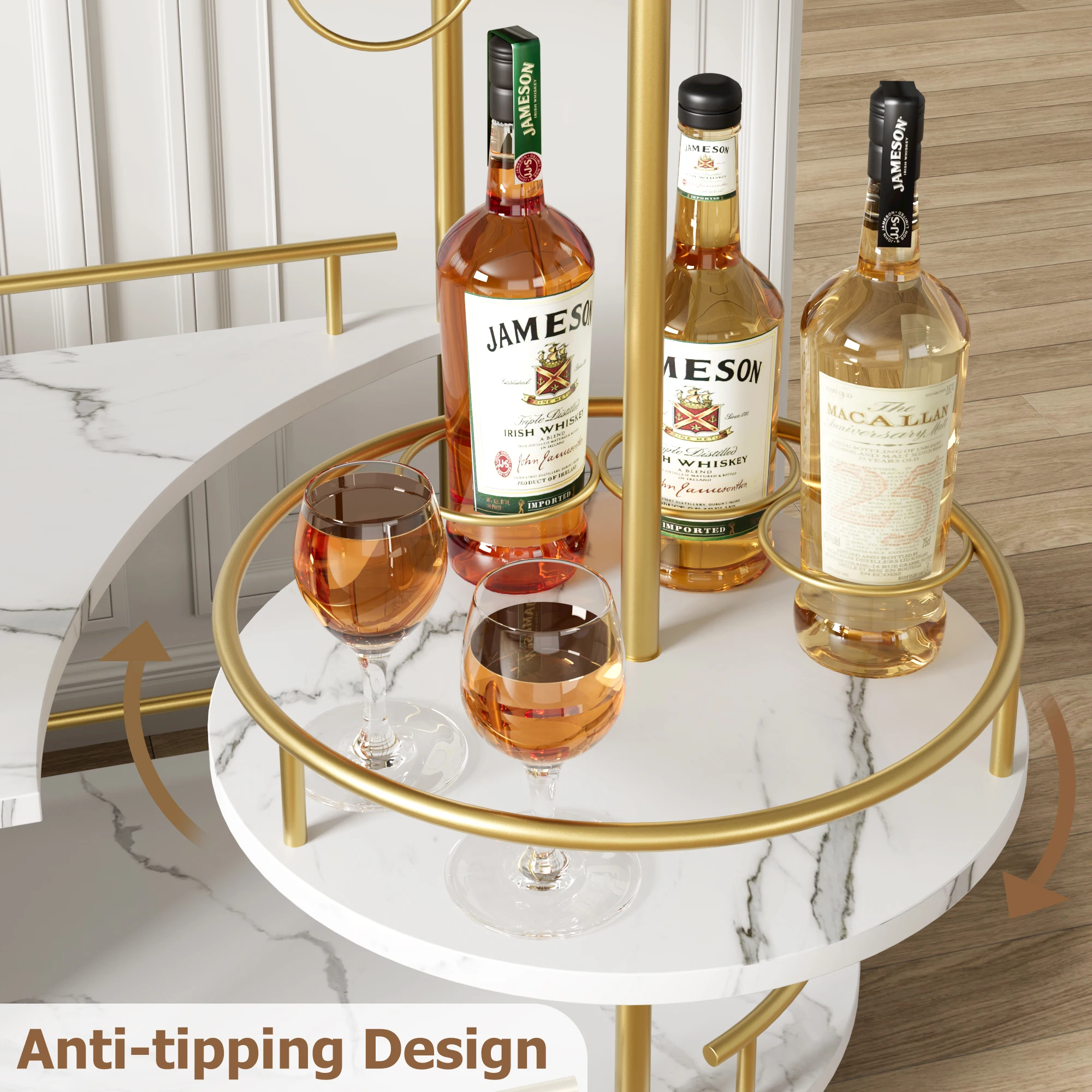 Gold Bar Carts with 4-Tiers Storage Shelves，Mobile Bar Seving Carts on Wheels with Wine Rack and Glass Holder for Kitchen