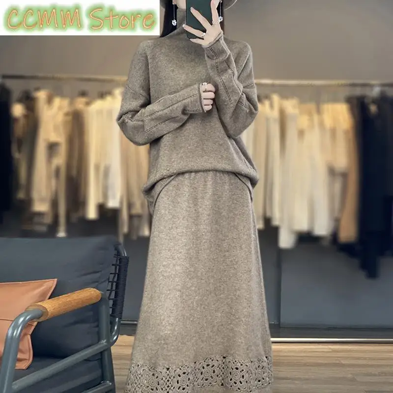 Upscale Fashion Pure Wool Women's Set Knitted High Neck Pullover Sweater Long Half Skirt Women's Two Piece Set