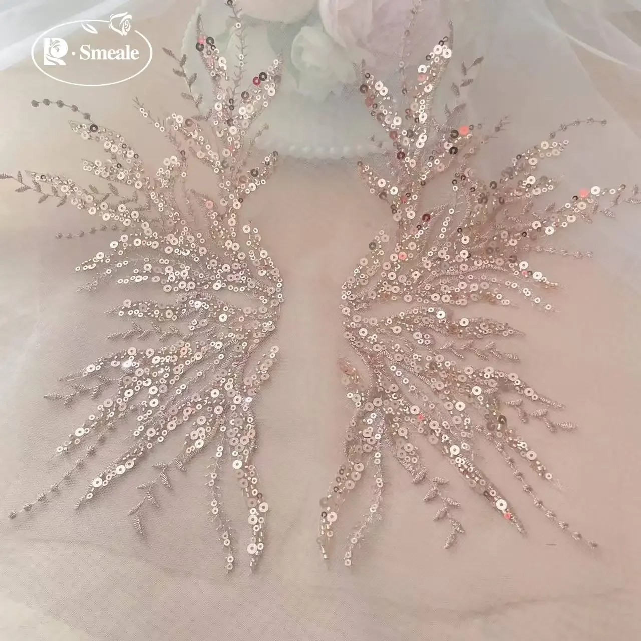 5Pair-2Pair.Rose Gold Sequin Tube Bead Embroidery Lace Applique,beautiful Coral Pattern DIY Lace Patch,Mirrored Flowers