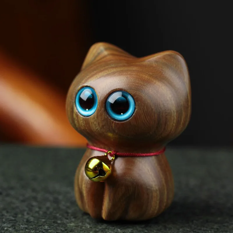 

Cute Cartoon Wooden Cat Green Sandalwood Carving Elegant Cat Figurine Solid Wood Cat Animal Statuette Home Decoration Gift