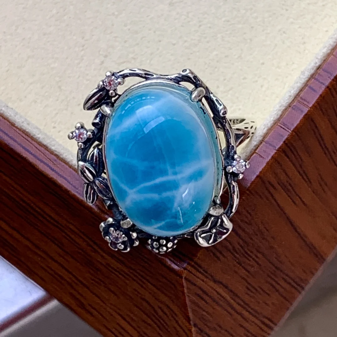 

Natural Blue Larimar Adjustable Ring 925 Sterling Silver Larimar 16.3/11.8/10mm Gemstone Women Men Water Pattern AAAAA
