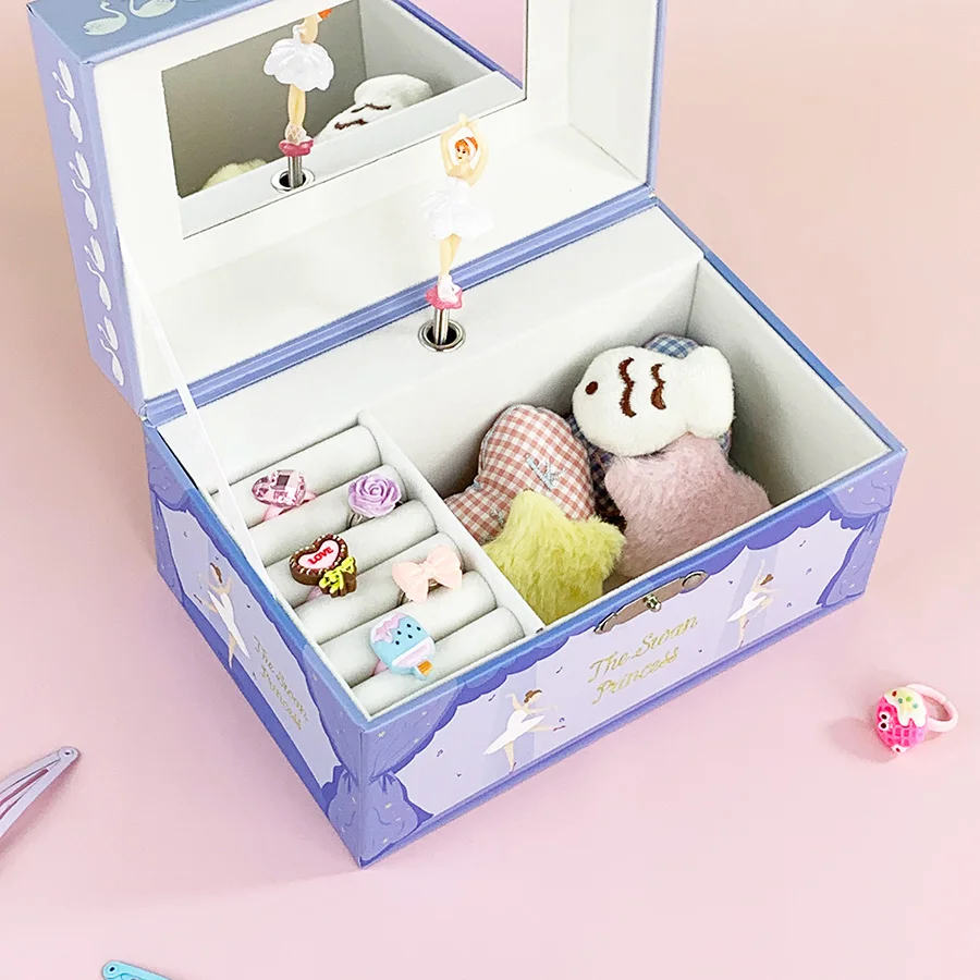 New Hot Sale Blue Swan Ballet Rotating Musical Jewelry Box Lock Design Built-in Mirror Velvet Compartment All Holiday Birthday G