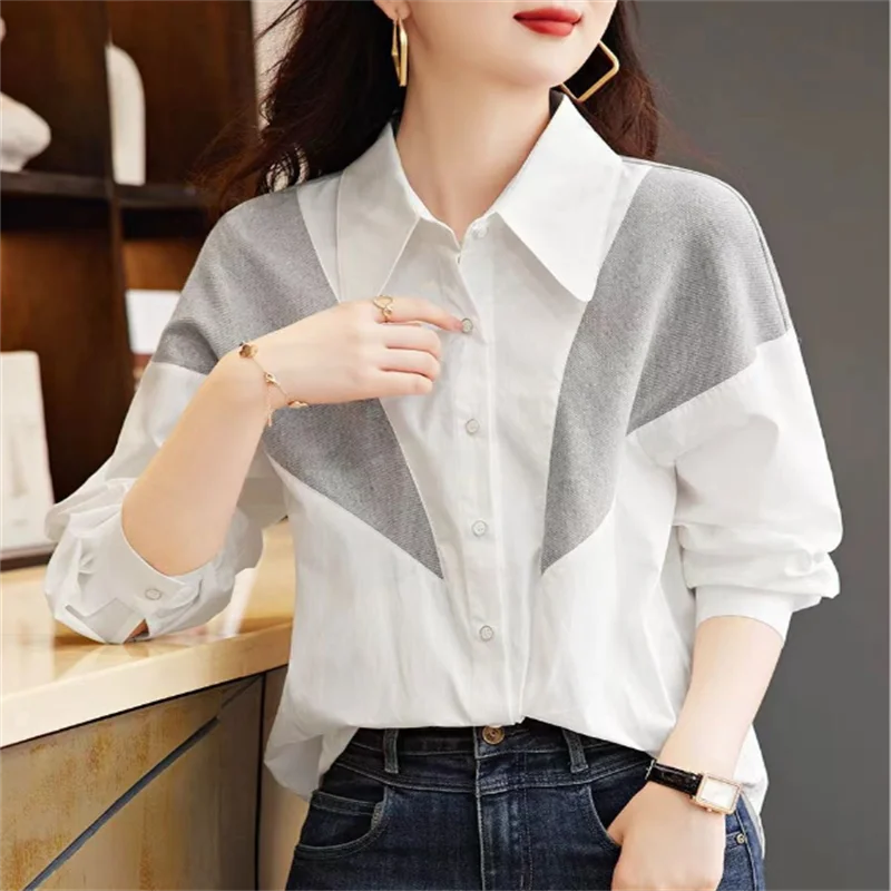 Fashion Blouses Women Shirt Patchwork Top Cardigan Woman Clothes Shirts Pointed Collar Button Up Shirt Loose Casual Female Shirt