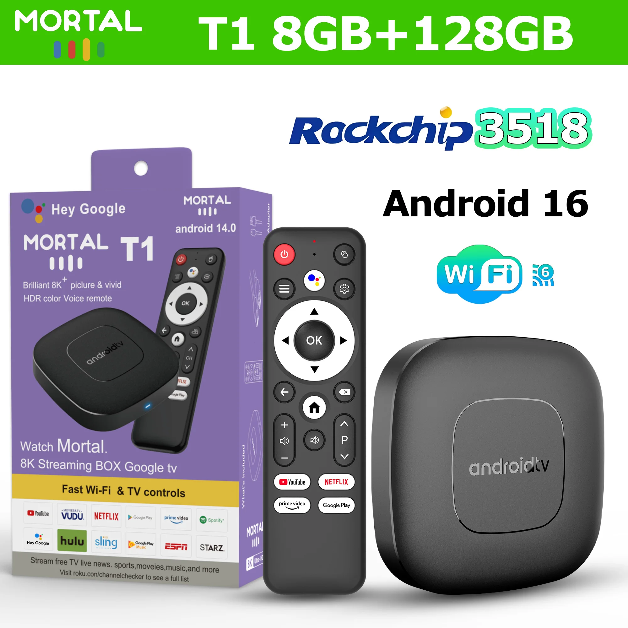 صندوق تلفاز ذكي Mortal Android 16 T1 4K Google Chromecast Voice 8G 128G Ram HDR10 Video WIFI 6 RK3518 BT5 Media Player Set Top Box #1