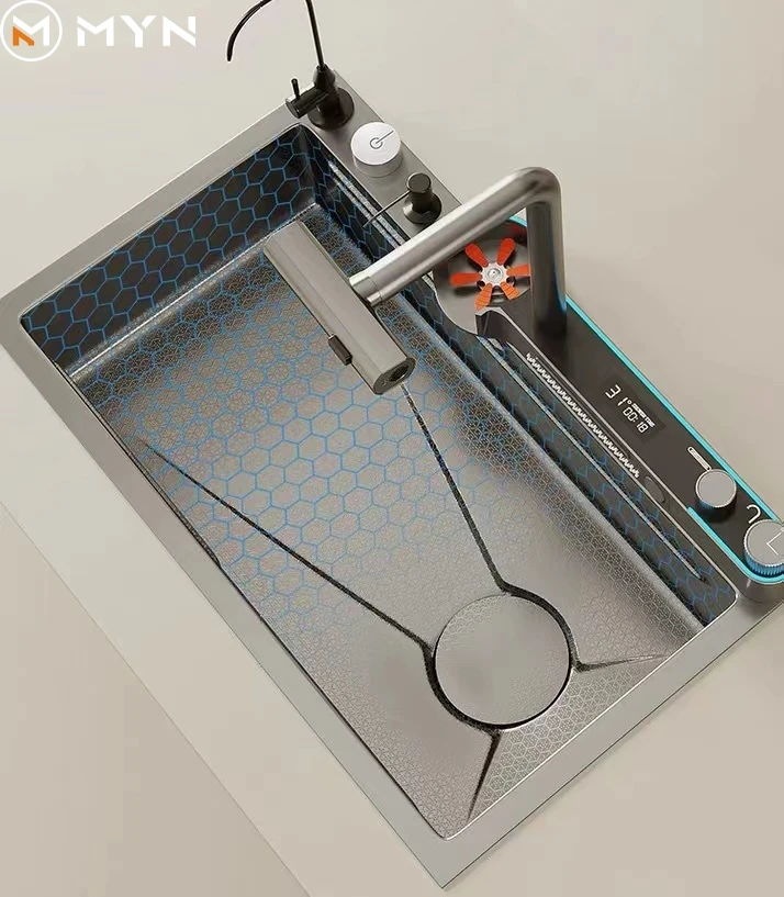 الفولاذ المقاوم للصدأ فتحة واحدة بيونيك العسل قطعة واحدة شلال صنبور بالوعة المطبخ مع غسالة الأكواب الذكية