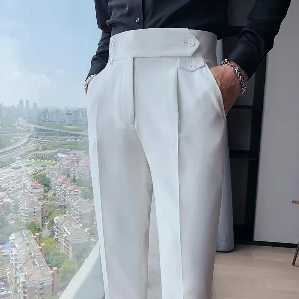 Spring Summer Suit Pants Men's Straight Naples Ruffian Handsome High Waist Small Trousers British Style Slim Trousers Gentleman