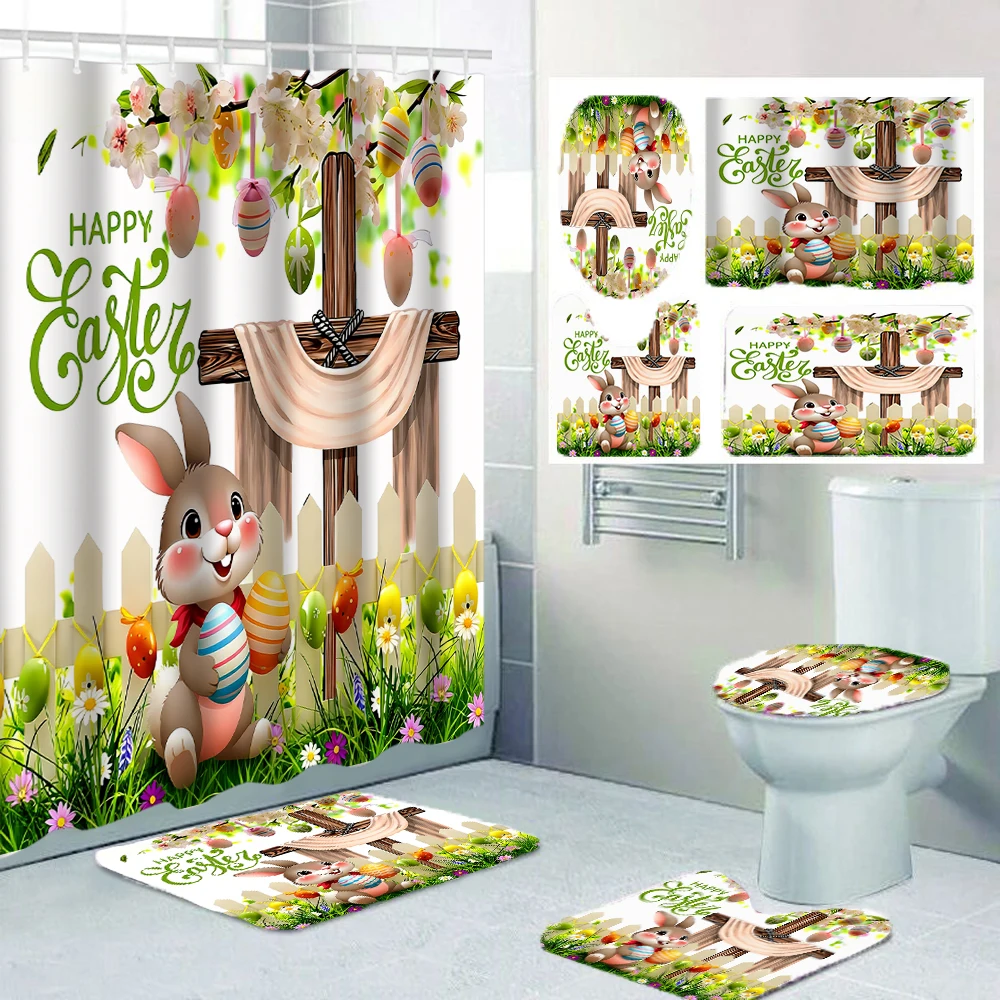

Набор для ванной комнаты «Пасхальный кролик» (4/1): занавеска для душа, декор для унитаза, занавеска для душа с ковриком и крышкой для унитаза, размер 70,8x70,8 дюймов