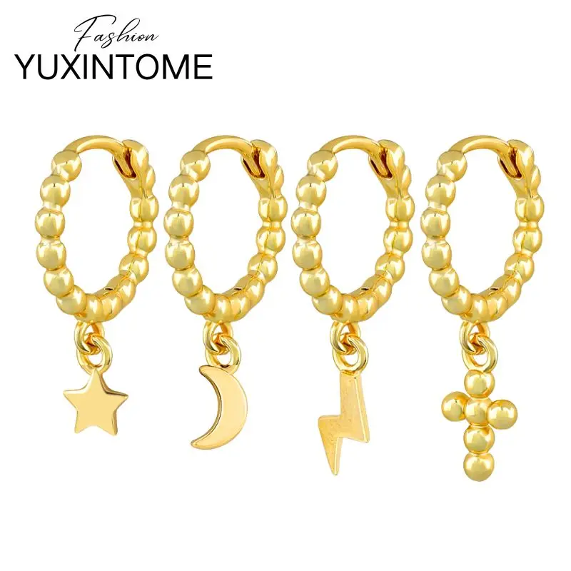 

925 Sterling Silver Needle Simple Star/Moon/Lightning/Cross Drop Earrings Women's Vintage Circlebead Hoop Earrings Fine Jewelry