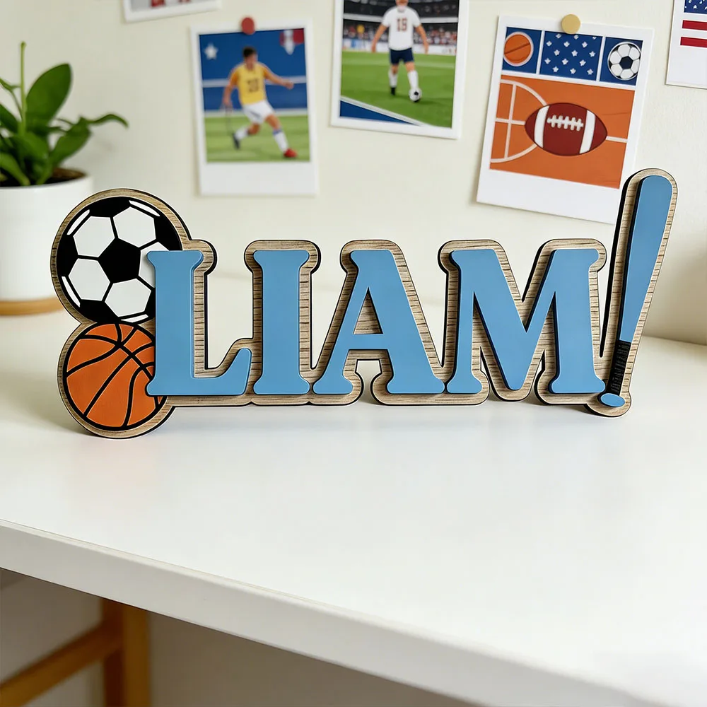 Custom Soccer Basketball Baseball Name Door Sign for Boys Bedroom Personalized Athletic Sports Themed Wooden Nursery Plaque