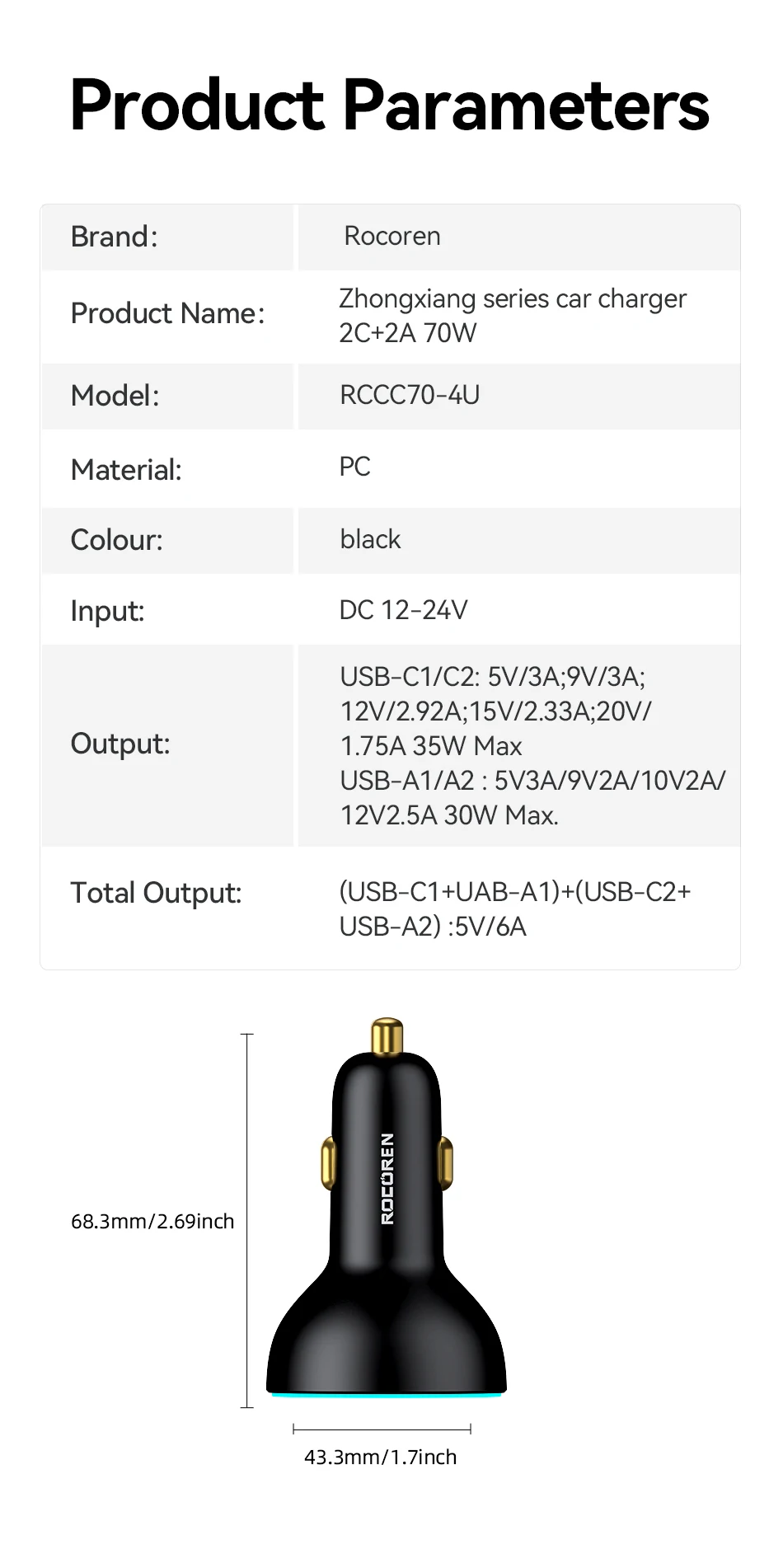 Rocoren 4-in-1 USB-C-Autoladegerät, 70 W, schnelles Aufladen, USB-Typ-C-Autoladegerät, PD QC4.0, Autoladegerät-Adapter für iPhone, Xiaomi, Samsung – Detail 15