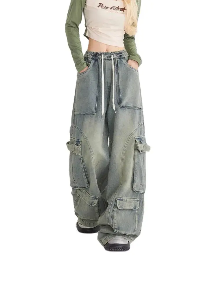 

Harajuku Streetwear Retro Fashion Stretch Women High Waist Jeans Loose Wide Leg Straight Loose Denim Trousers Y2K Baggy Pants