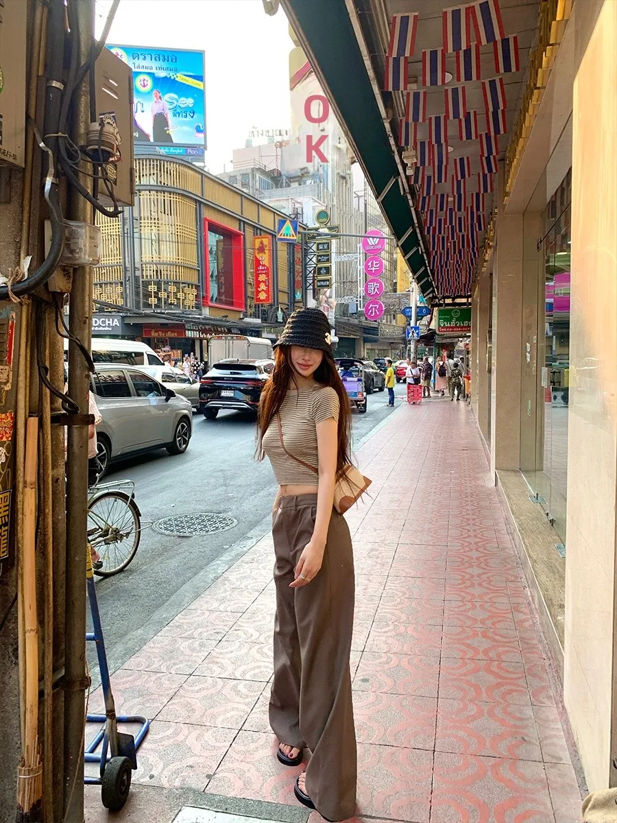 

Коричневые женские повседневные брюки-чинос с высокой талией и широкими штанинами ACHI, универсальные минималистичные брюки с высокой талией