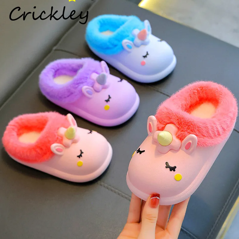 Unicorn Faux Fur Girls Boys Winter Slippers Cartoon PVC Waterproof Kids Slippers Plush Warm Anti Slip Children Home Shoes