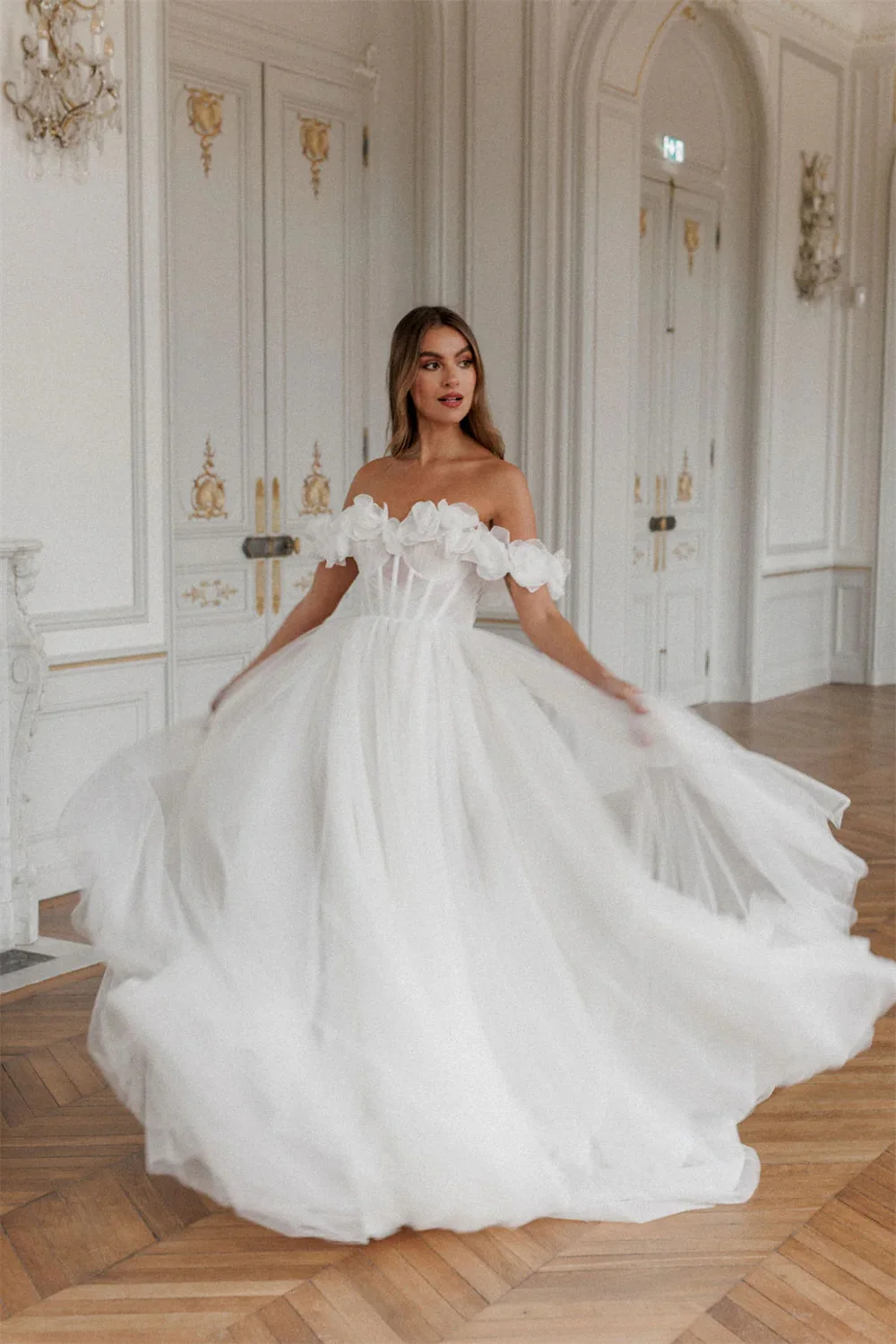 Jessica Sweetheart White Wedding Dress Princess 3D Flower Luxury Prom Dresses A-line Side Slits Elegant Bespoke Occasion Dresses