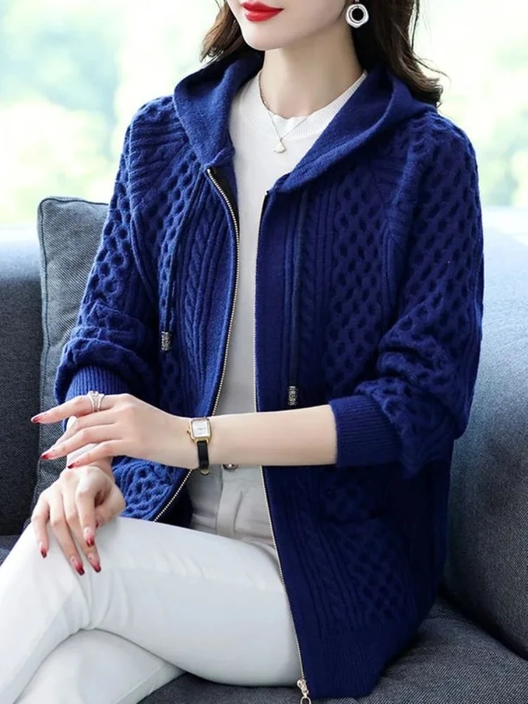 

2024 New Zipper Hoody Sweater Women's Spring Wear Knitted Cardigan Women's Short Sweater Coat Loose Large Female's Knitwear Coat