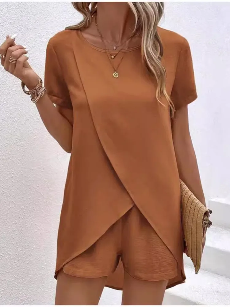 Summer New Solid Color Women\'S Short Sleeve Suit Simple Fashion Irregular Jacket Leisure Vacation Female Shorts 2 Piece Set