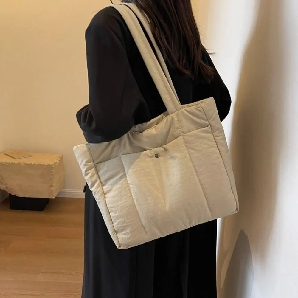 

Solid Color Lady Laptop Handbags Large Capacity Fashion Puffer Shoulder Bag Top Handle Soft Cotton Women Cloud Tote Bag Female