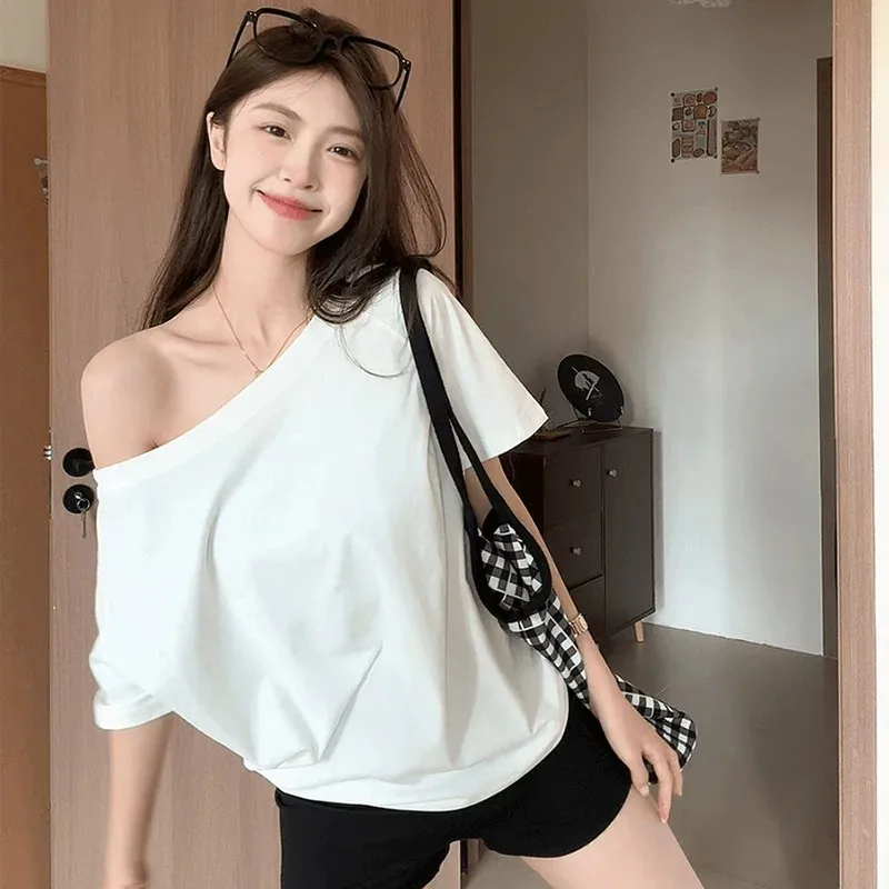 

one shoulder short sleeve tshirt women summer new style loose slim fit elegant solid color tops