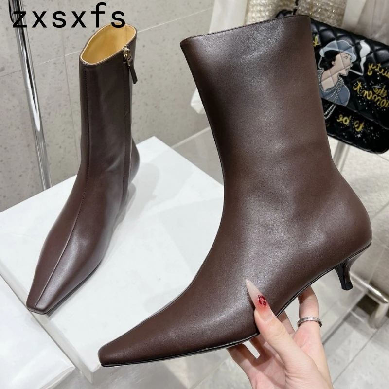 New Real Leather Ankle Boots For Women Kitten Heel Party Shoes Ladies Autumn Cowboy Short Boots Classic Botas Mujer 2024