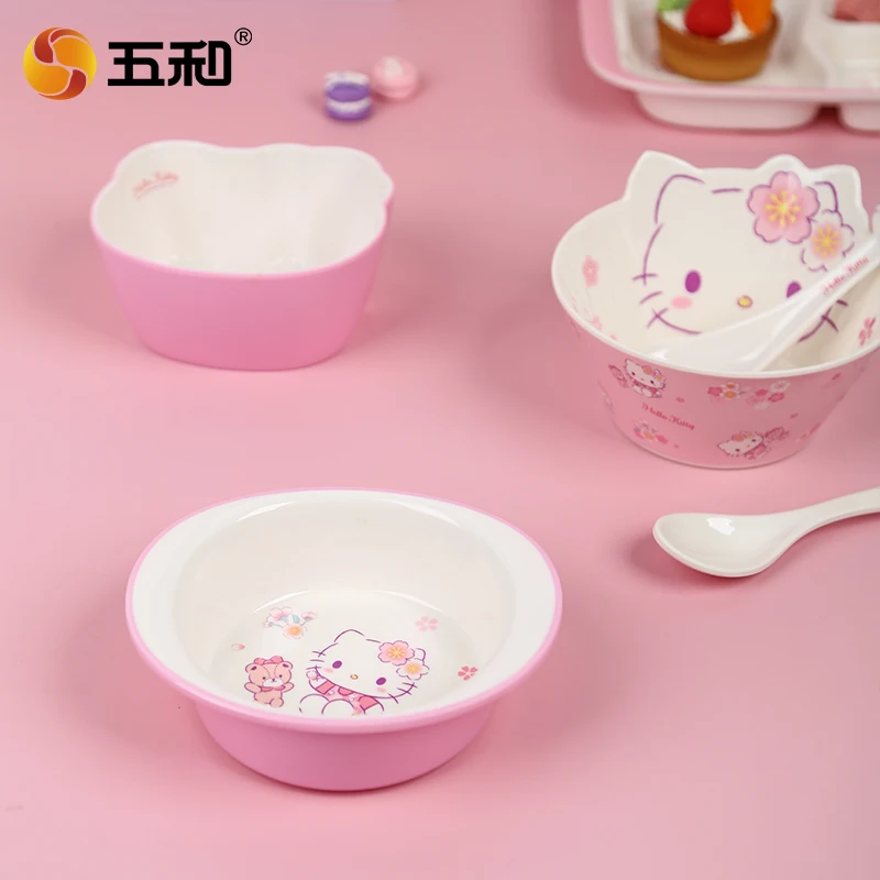 زهر الكرز مرحبا كيتي أدوات مائدة للأطفال لطيف الكرتون الطعام لوحة BPA الحرة الاطفال كوب ماء السلطانية مقسمة لوحات ملاعق هدية #6