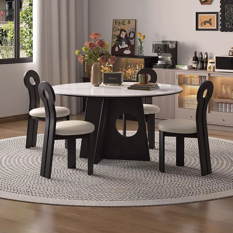 Medieval style solid wood round dining table, rock slab French retro family home small apartment cream