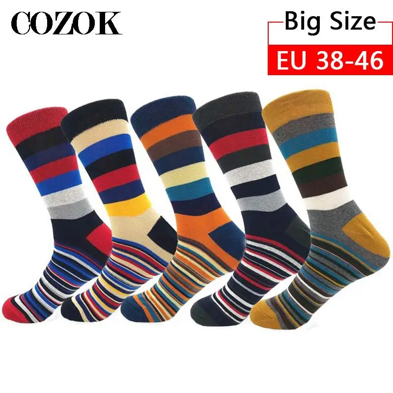 

5 Pairs Big Size 38-46 Casual Fashion Combed Cotton Funny Long Men Socks Contrast Color Rainbow Larger Size Stripe Socks for Men